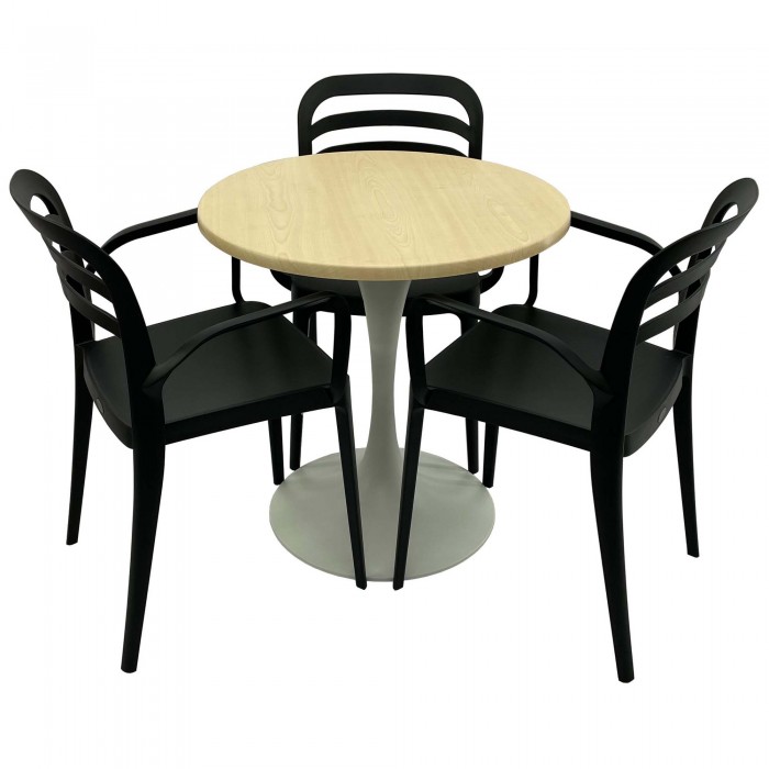 Set mobila de terasa, restaurant RAKI MAPLE, masa rotunda D70cm cu blat werzalit si baza metalica alba si 3 scaune negre ASPENDOS cu brate
