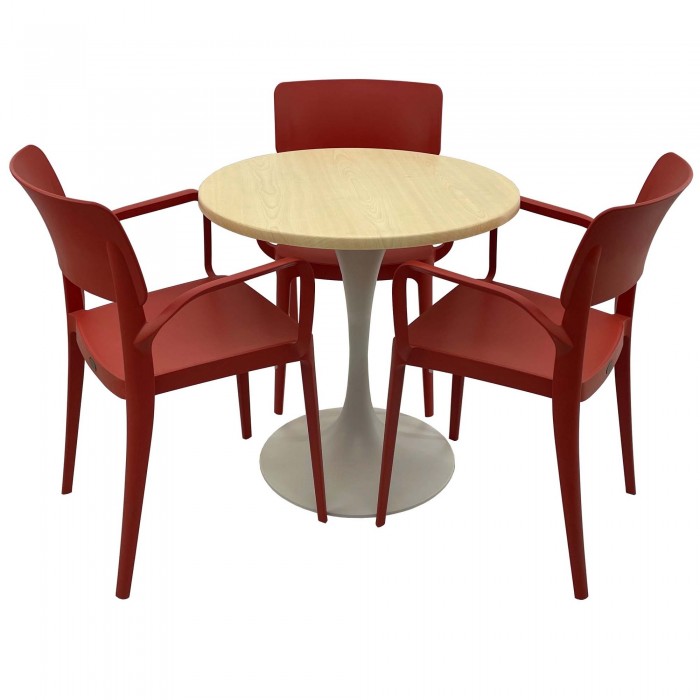 Set mobila de terasa, restaurant RAKI MAPLE, masa rotunda D70cm cu blat werzalit si baza metalica alba si 3 scaune rosii PANORA cu brate