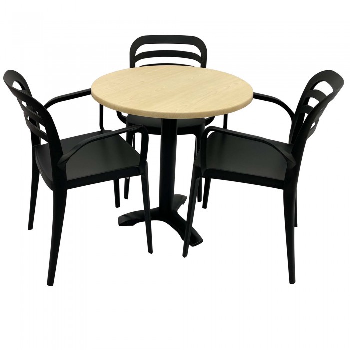 Set mobila de terasa, restaurant RAKI MAPLE, masa rotunda D70cm cu blat werzalit si picior metalic negru si 3 scaune negre ASPENDOS cu brate
