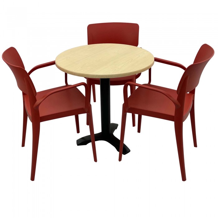 Set mobila de terasa, restaurant RAKI MAPLE, masa rotunda D70cm cu blat werzalit si picior metalic negru si 3 scaune rosii PANORA cu brate