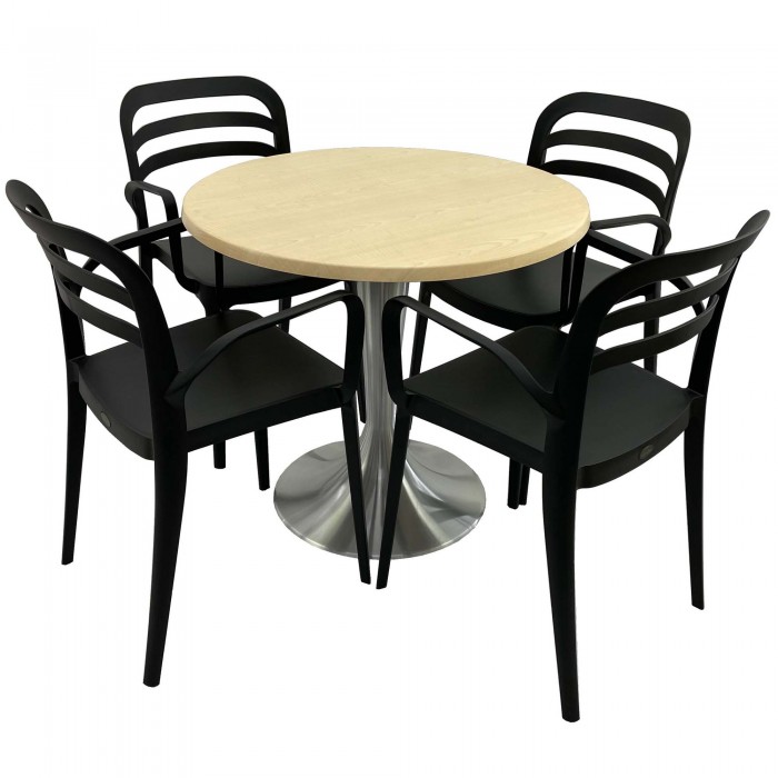Set mobila de terasa, restaurant RAKI MAPLE, masa rotunda D80cm cu blat werzalit si baza aluminiu si 4 scaune negre ASPENDOS cu brate