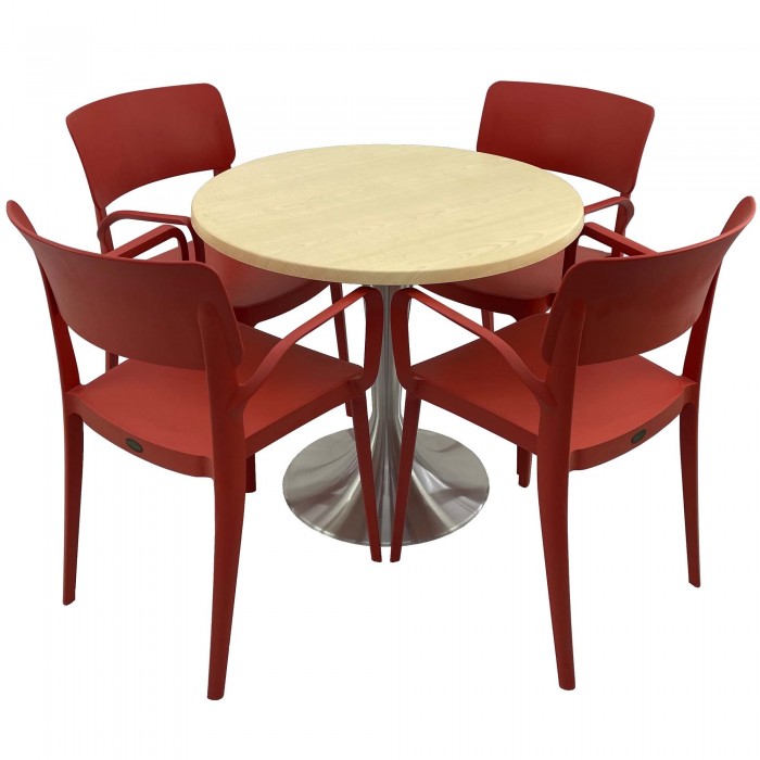 Set mobila de terasa, restaurant RAKI MAPLE, masa rotunda D80cm cu blat werzalit si baza aluminiu si 4 scaune rosii PANORA cu brate
