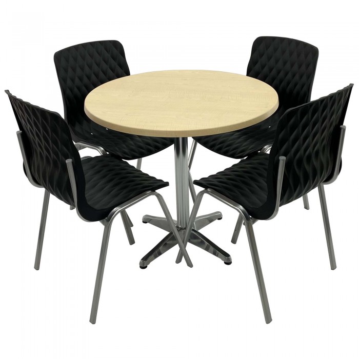 Set mobila de terasa, restaurant RAKI MAPLE, masa rotunda D80cm cu blat werzalit si baza din aluminiu si 4 scaune ROYAL negre