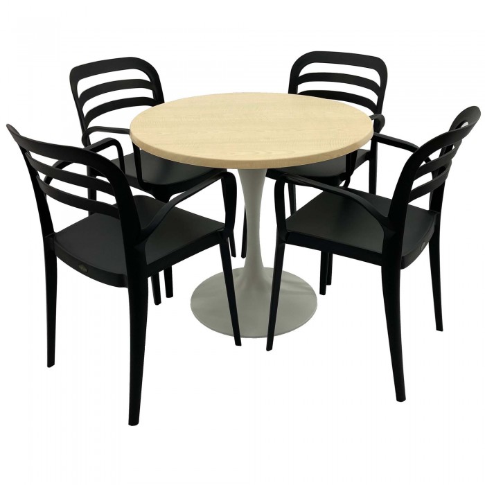 Set mobila de terasa, restaurant RAKI MAPLE, masa rotunda D80cm cu blat werzalit si baza metalica alba si 4 scaune negre ASPENDOS cu brate