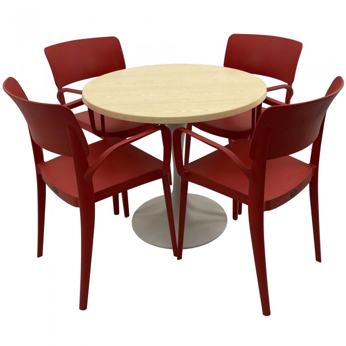 Set mobila de terasa, restaurant RAKI MAPLE, masa rotunda D80cm cu blat werzalit si baza metalica alba si 4 scaune rosii PANORA cu brate