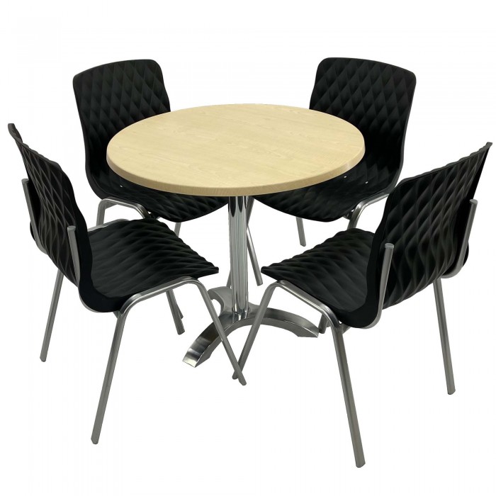 Set mobila de terasa, restaurant RAKI MAPLE, masa rotunda D80cm cu blat werzalit si picior aluminiu si 4 scaune ROYAL negre
