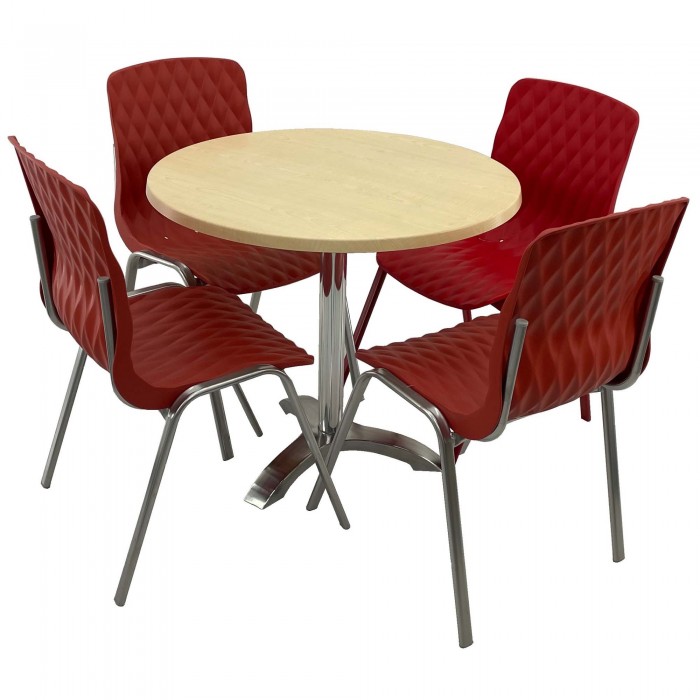 Set mobila de terasa, restaurant RAKI MAPLE, masa rotunda D80cm cu blat werzalit si picior aluminiu si 4 scaune ROYAL rosii