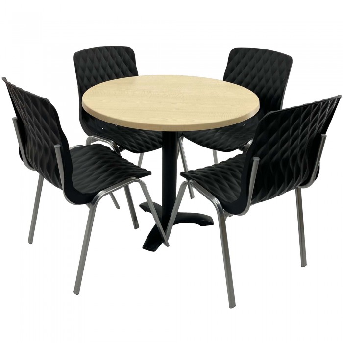 Set mobila de terasa, restaurant RAKI MAPLE, masa rotunda D80cm cu blat werzalit si picior metalic negru si 4 scaune ROYAL negre