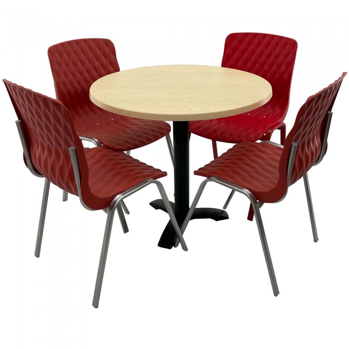 Set mobila de terasa, restaurant RAKI MAPLE, masa rotunda D80cm cu blat werzalit si picior metalic negru si 4 scaune ROYAL rosii