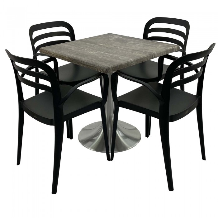 Set mobila de terasa, restaurant Raki Old Pine, masa patrata 80x80cm cu blat werzalit si baza din aluminiu, 4 scaune negre ASPENDOS cu brate