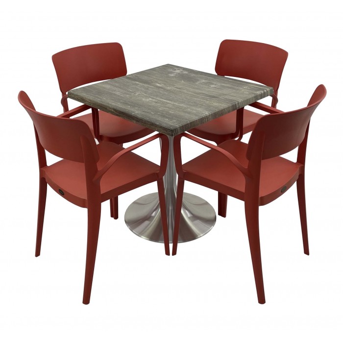 Set mobila de terasa, restaurant Raki Old Pine, masa patrata 80x80cm cu blat werzalit si baza din aluminiu, 4 scaune rosii PANORA cu brate
