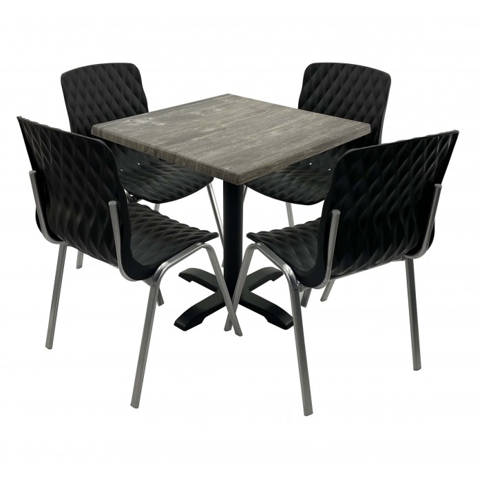Set mobila de terasa, restaurant Raki Old Pine, masa patrata 80x80cm cu blat werzalit si baza metalica, 4 scaune ROYAL negre
