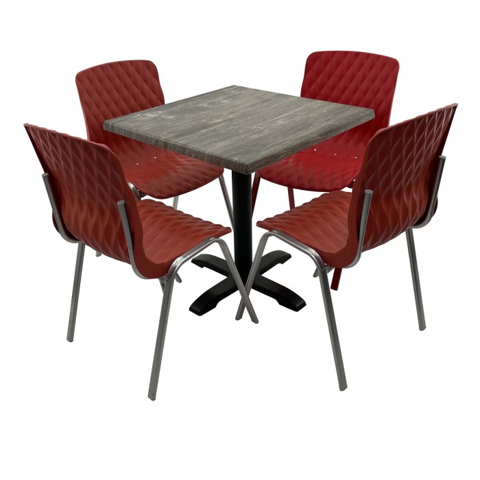 Set mobila de terasa, restaurant Raki Old Pine, masa patrata 80x80cm cu blat werzalit si baza metalica, 4 scaune ROYAL rosii