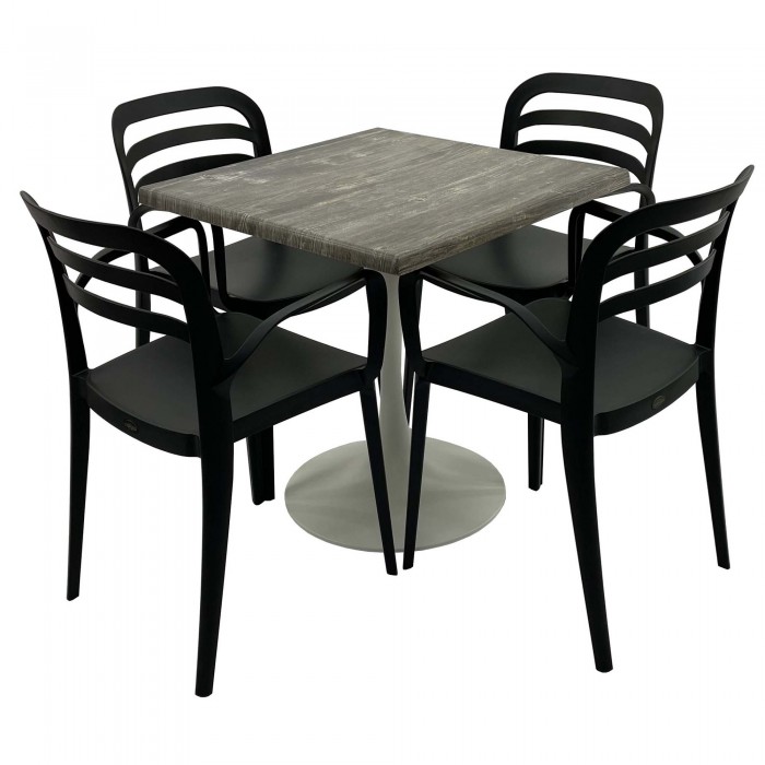 Set mobila de terasa, restaurant Raki Old Pine, masa patrata 80x80cm cu blat werzalit si baza metalica alba, 4 scaune negre ASPENDOS cu brate