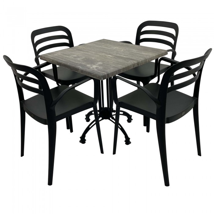 Set mobila de terasa, restaurant Raki Old Pine, masa patrata 80x80cm cu blat werzalit si baza retro, 4 scaune negre ASPENDOS cu brate