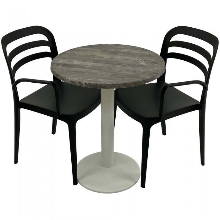Set mobila de terasa, restaurant Raki Old Pine, masa rotunda D60cm cu blat werzalit si baza metalica culoare alba, 2 scaune negre ASPENDOS cu brate