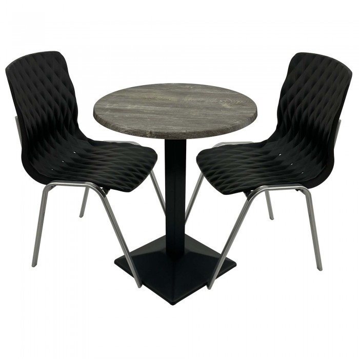 Set mobila de terasa, restaurant Raki Old Pine, masa rotunda D60cm cu blat werzalit si baza metalica culoare neagra, 2 scaune ROYAL negre