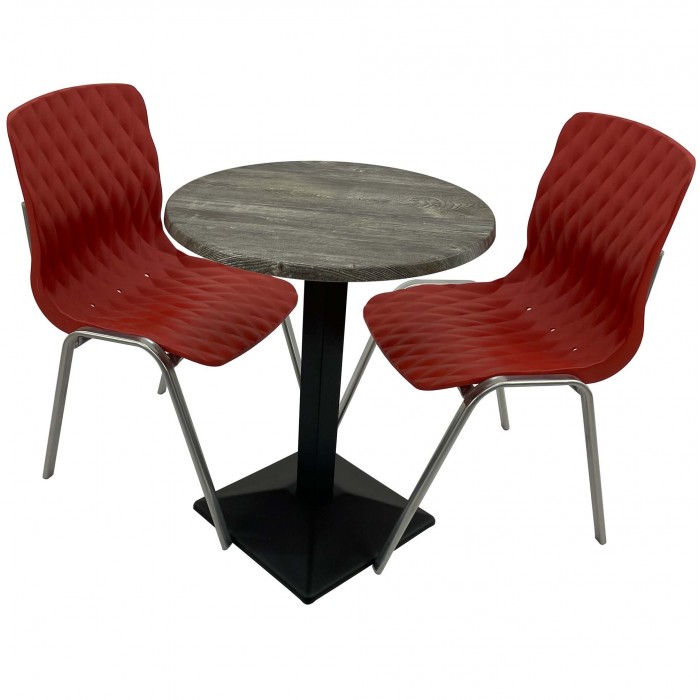 Set mobila de terasa, restaurant Raki Old Pine, masa rotunda D60cm cu blat werzalit si baza metalica culoare neagra, 2 scaune ROYAL rosii