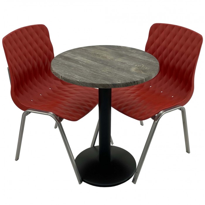 Set mobila de terasa, restaurant Raki Old Pine, masa rotunda D60cm cu blat werzalit si baza metalica neagra, 2 scaune ROYAL rosii