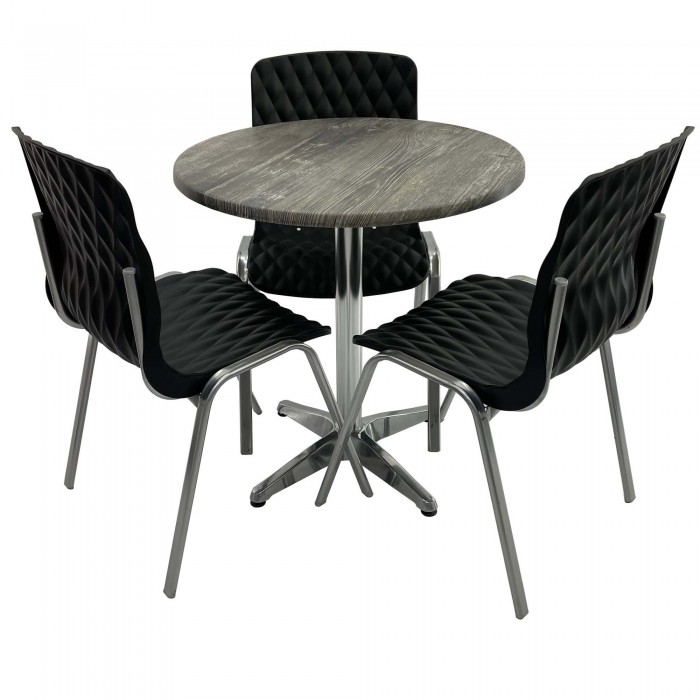 Set mobila de terasa, restaurant Raki Old Pine, masa rotunda D70cm cu blat werzalit si baza din aluminiu, 3 scaune ROYAL negre