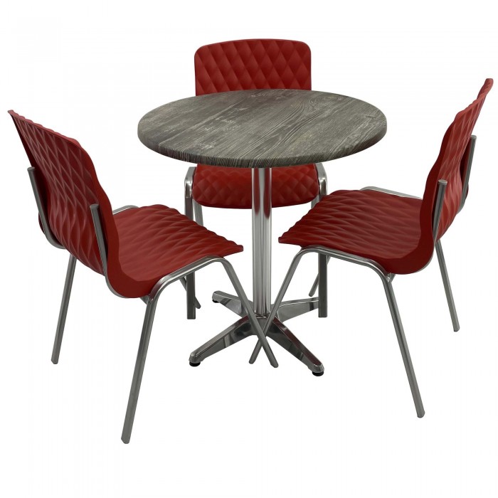 Set mobila de terasa, restaurant Raki Old Pine, masa rotunda D70cm cu blat werzalit si baza din aluminiu, 3 scaune ROYAL rosii