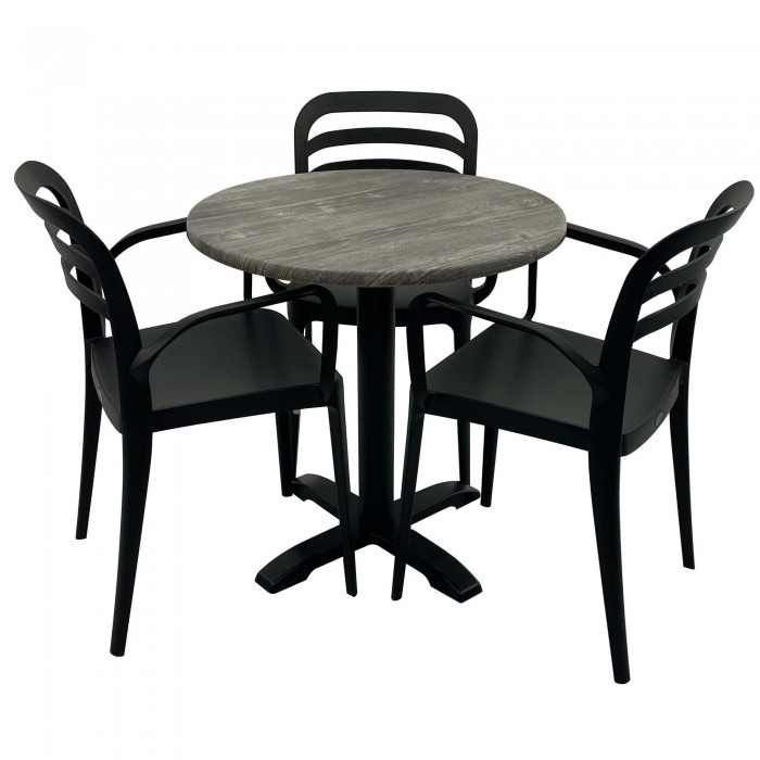 Set mobila de terasa, restaurant Raki Old Pine, masa rotunda D70cm cu blat werzalit si baza metalica, 3 scaune negre ASPENDOS cu brate