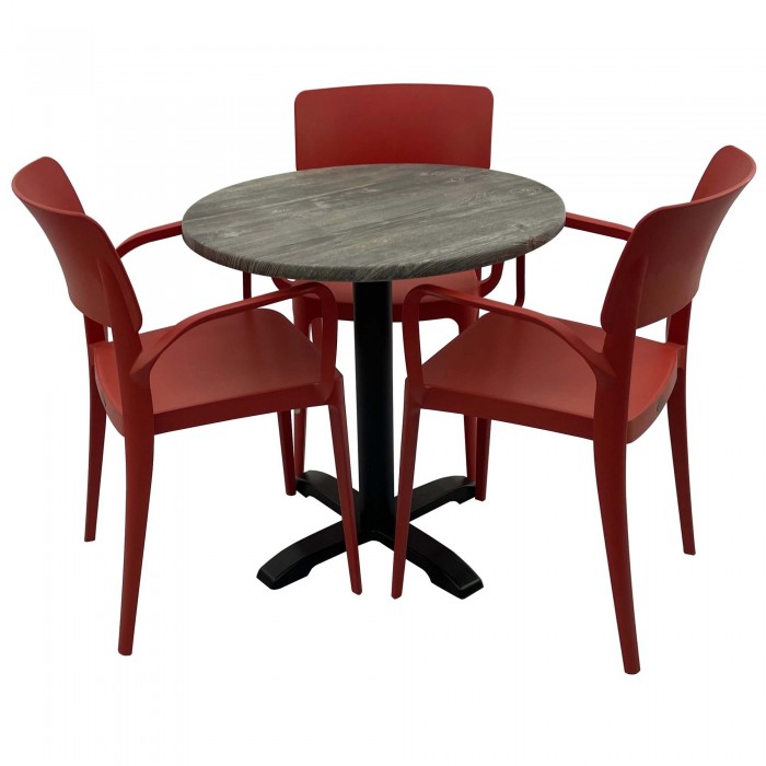 Set mobila de terasa, restaurant Raki Old Pine, masa rotunda D70cm cu blat werzalit si baza metalica, 3 scaune rosii PANORA cu brate
