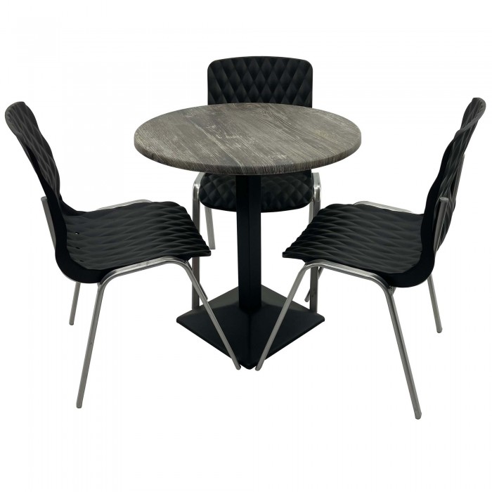 Set mobila de terasa, restaurant Raki Old Pine, masa rotunda D70cm cu blat werzalit si baza metalica culoare neagra, 3 scaune ROYAL negre