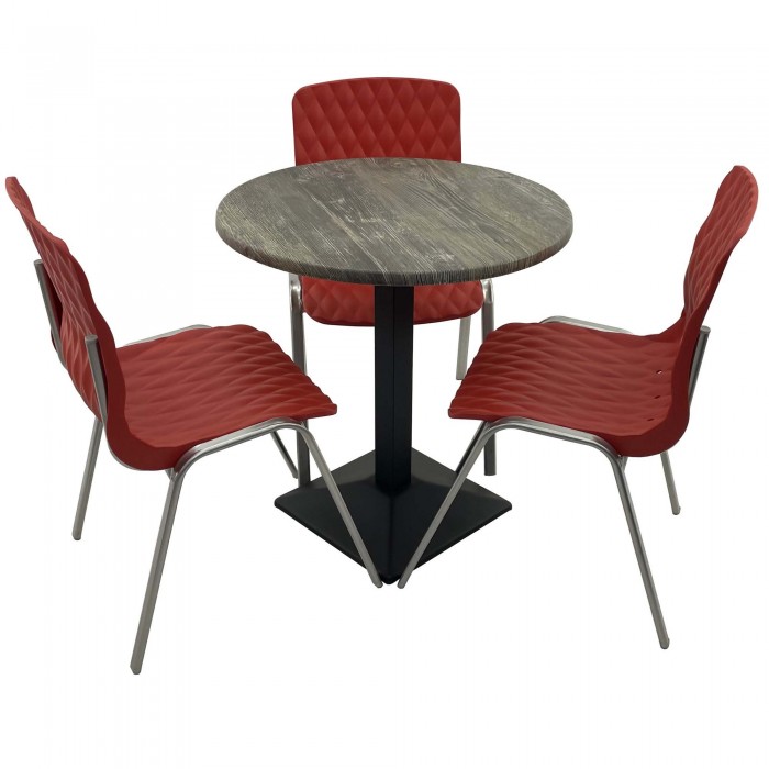 Set mobila de terasa, restaurant Raki Old Pine, masa rotunda D70cm cu blat werzalit si baza metalica culoare neagra, 3 scaune ROYAL rosii