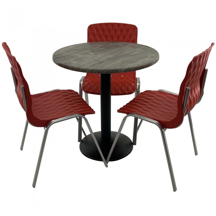 Set mobila de terasa, restaurant Raki Old Pine, masa rotunda D70cm cu blat werzalit si baza metalica neagra, 3 scaune ROYAL rosii