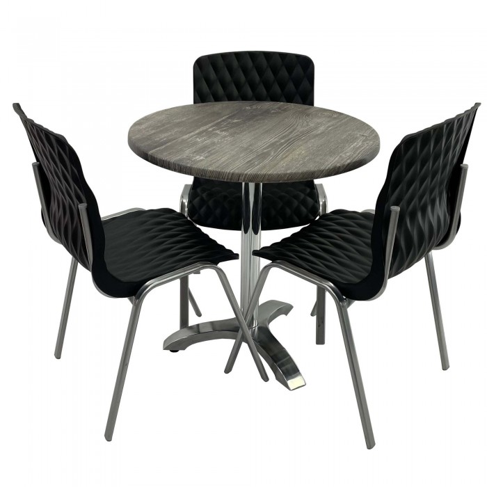 Set mobila de terasa, restaurant Raki Old Pine, masa rotunda D70cm cu blat werzalit si picior aluminiu, 3 scaune ROYAL negre