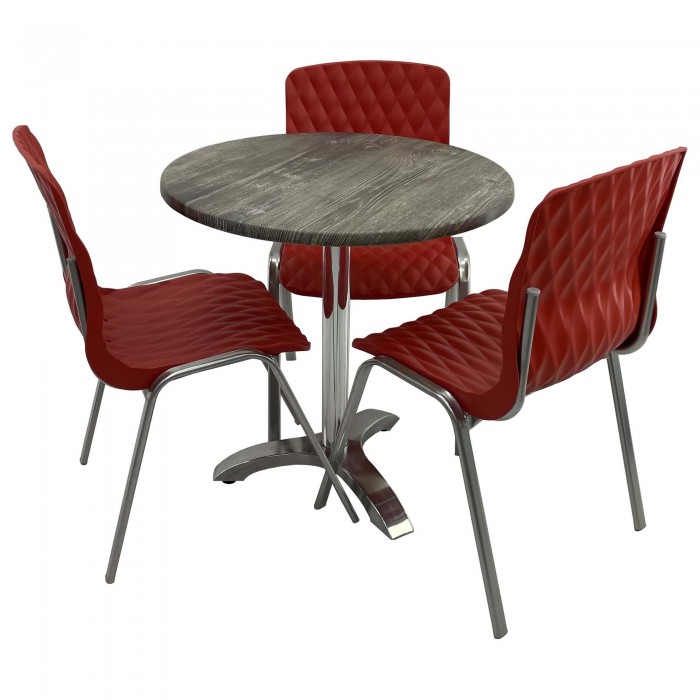 Set mobila de terasa, restaurant Raki Old Pine, masa rotunda D70cm cu blat werzalit si picior aluminiu, 3 scaune ROYAL rosii