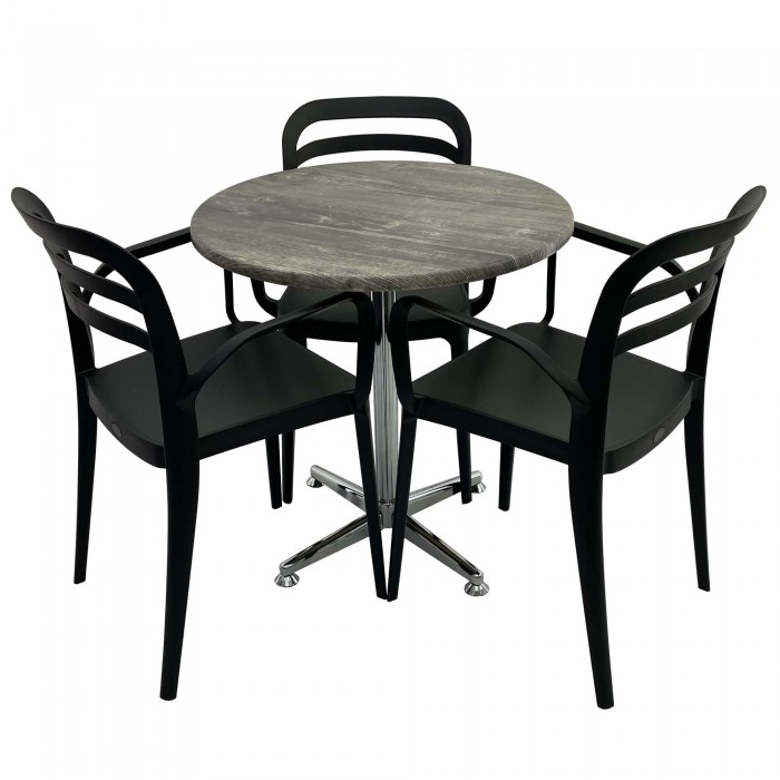 Set mobila de terasa, restaurant Raki Old Pine, masa rotunda D70cm cu blat werzalit si picior cromat, 3 scaune negre ASPENDOS cu brate