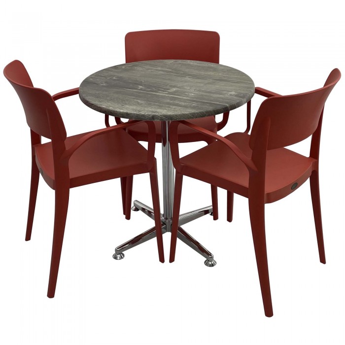 Set mobila de terasa, restaurant Raki Old Pine, masa rotunda D70cm cu blat werzalit si picior cromat, 3 scaune rosii PANORA cu brate