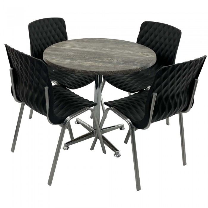 Set mobila de terasa, restaurant Raki Old Pine, masa rotunda D80cm cu blat werzalit si baza crom clasica, 4 scaune ROYAL negre