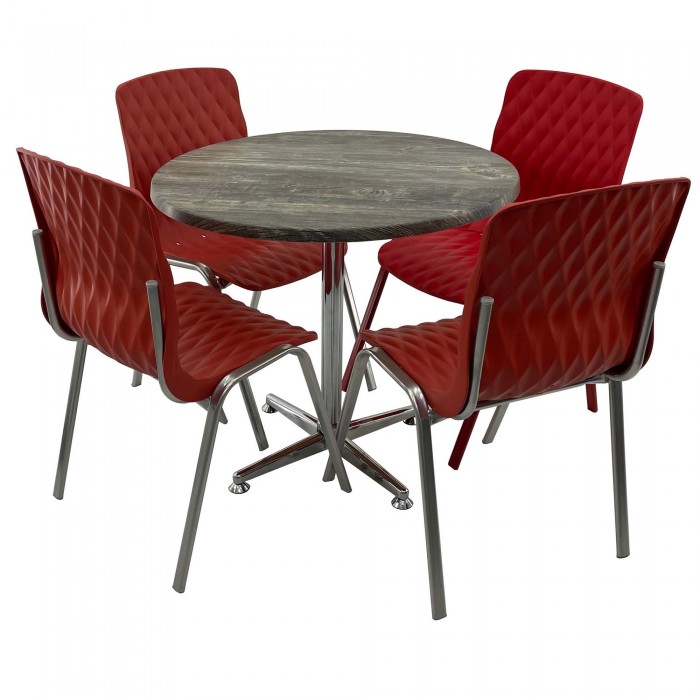 Set mobila de terasa, restaurant Raki Old Pine, masa rotunda D80cm cu blat werzalit si baza crom clasica, 4 scaune ROYAL rosii