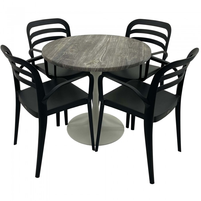 Set mobila de terasa, restaurant Raki Old Pine, masa rotunda D80cm cu blat werzalit si baza metalica alba, 4 scaune negre ASPENDOS cu brate