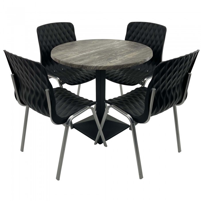Set mobila de terasa, restaurant Raki Old Pine, masa rotunda D80cm cu blat werzalit si baza metalica culoare neagra, 4 scaune ROYAL negre