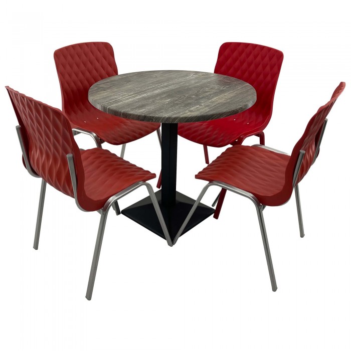 Set mobila de terasa, restaurant Raki Old Pine, masa rotunda D80cm cu blat werzalit si baza metalica culoare neagra, 4 scaune ROYAL rosii