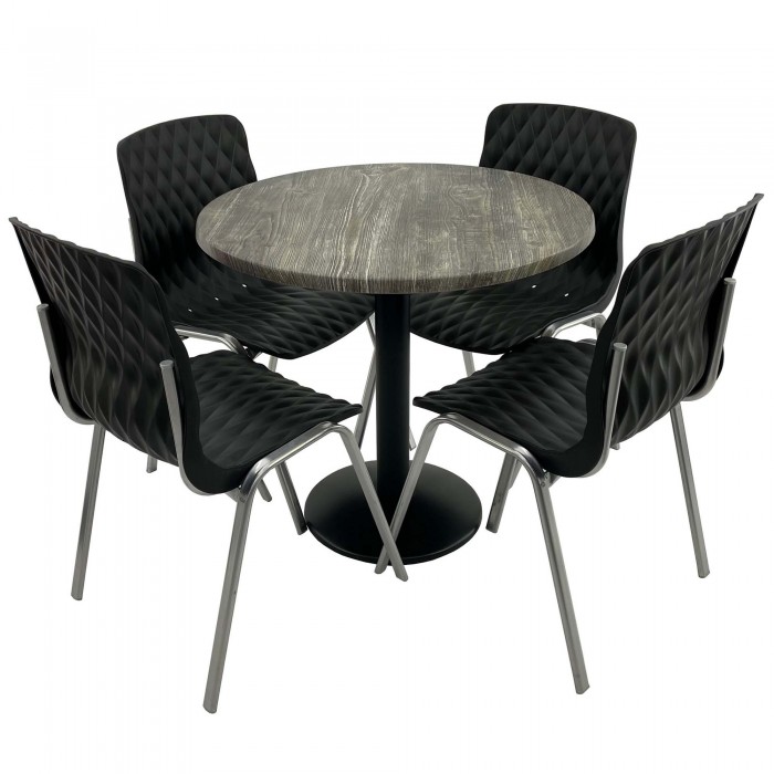 Set mobila de terasa, restaurant Raki Old Pine, masa rotunda D80cm cu blat werzalit si baza metalica neagra, 4 scaune ROYAL negre
