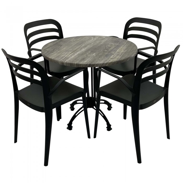Set mobila de terasa, restaurant Raki Old Pine, masa rotunda D80cm cu blat werzalit si baza retro clasic, 4 scaune negre ASPENDOS cu brate