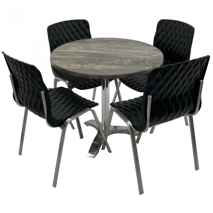 Set mobila de terasa, restaurant Raki Old Pine, masa rotunda D80cm cu blat werzalit si picior aluminiu, 4 scaune ROYAL negre