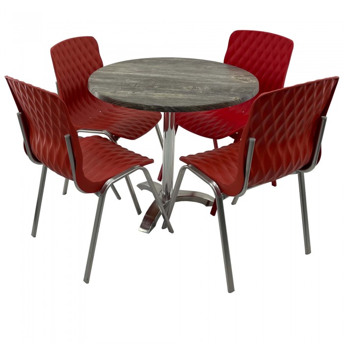Set mobila de terasa, restaurant Raki Old Pine, masa rotunda D80cm cu blat werzalit si picior aluminiu, 4 scaune ROYAL rosii