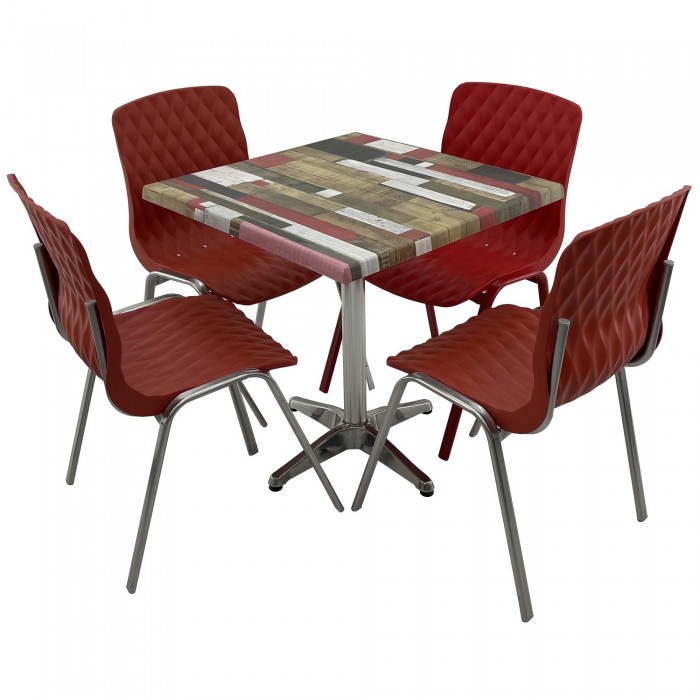 Set mobila de terasa, restaurant RAKI Redden Wood, masa patrata 70x70cm cu blat werzalit si baza aluminiu, 4 scaune ROYAL rosii