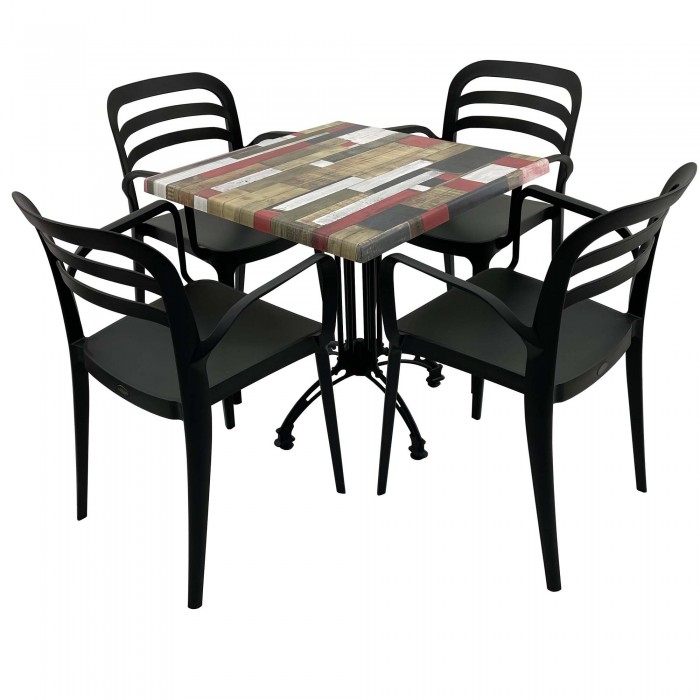 Set mobila de terasa, restaurant Raki Redden Wood, masa patrata 70x70cm cu blat werzalit si baza retro, 4 scaune negre ASPENDOS cu brate
