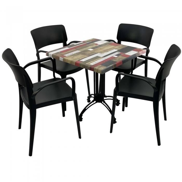 Set mobila de terasa, restaurant RAKI Redden Wood, masa patrata 70x70cm cu blat werzalit si baza retro, 4 scaune negre PANORA cu brate
