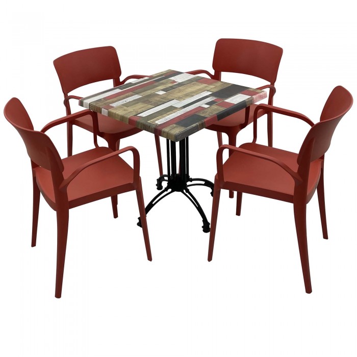 Set mobila de terasa, restaurant RAKI Redden Wood, masa patrata 70x70cm cu blat werzalit si baza retro, 4 scaune rosii PANORA cu brate