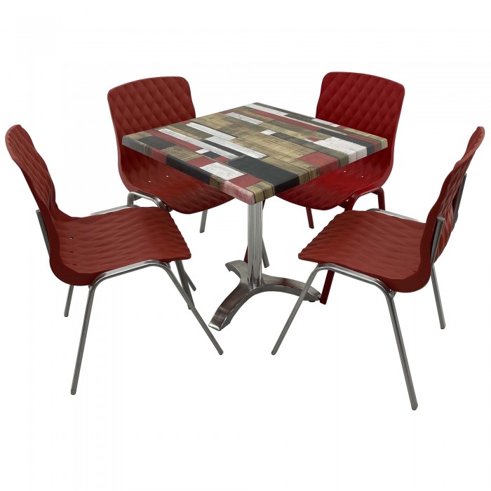 Set mobila de terasa, restaurant RAKI Redden Wood, masa patrata 70x70cm cu blat werzalit si picior aluminiu, 4 scaune ROYAL rosii
