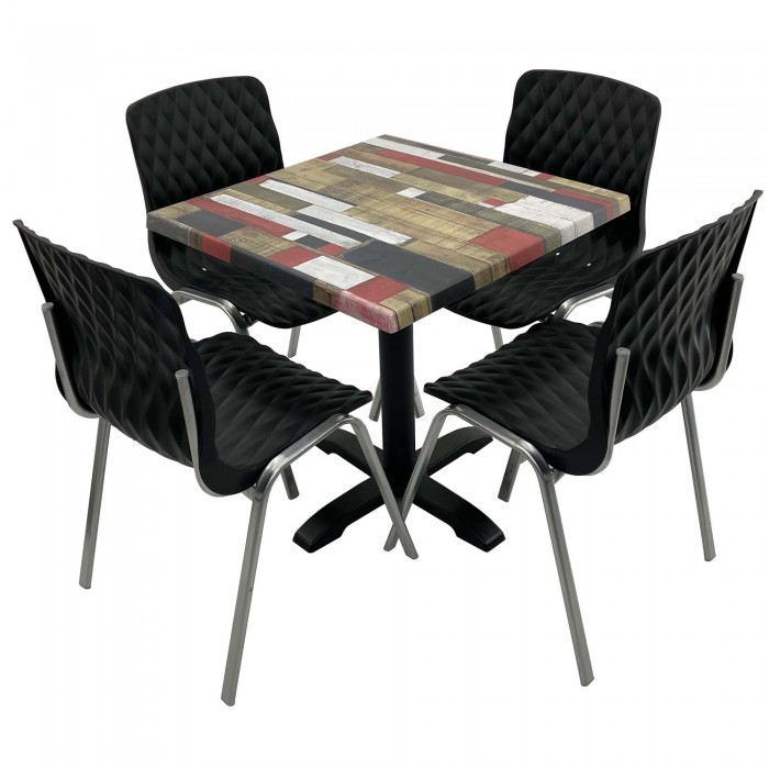 Set mobila de terasa, restaurant RAKI Redden Wood, masa patrata 80x80cm cu blat werzalit si baza metalica, 4 scaune ROYAL negre