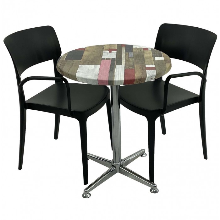 Set mobila de terasa, restaurant RAKI Redden Wood, masa rotunda D60cm cu blat werzalit si baza clasica, 2 scaune negre PANORA cu brate